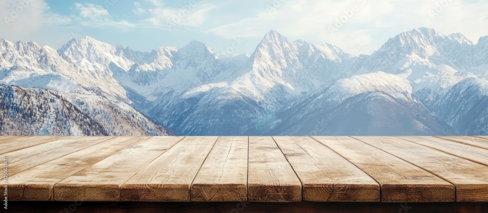 Poster Rustic wooden table overlooking a breathtaking mountain view with ample empty space for text or branding