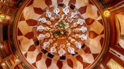 Overhead View of Luxurious Round Dining Table in Opulent Setting