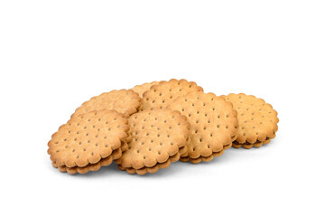 Sandwich cookie with chocolate cream and hazelnuts isolated on white background.