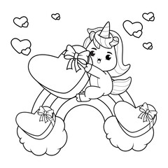 Valentine Day Coloring Page with cute unicorn