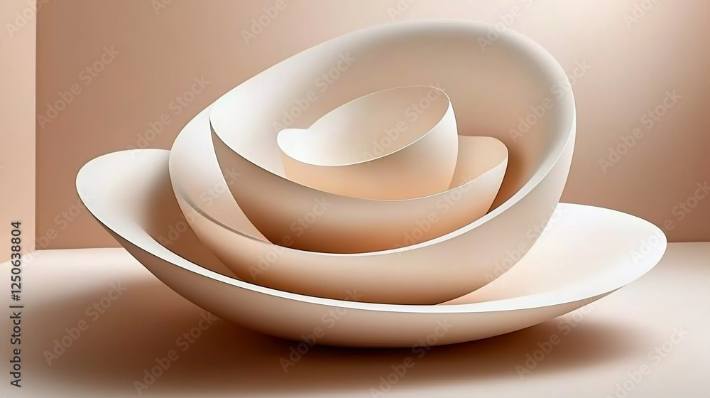 Poster abstract arrangement of nested white bowls on a peach background; studio shot; potential use for int