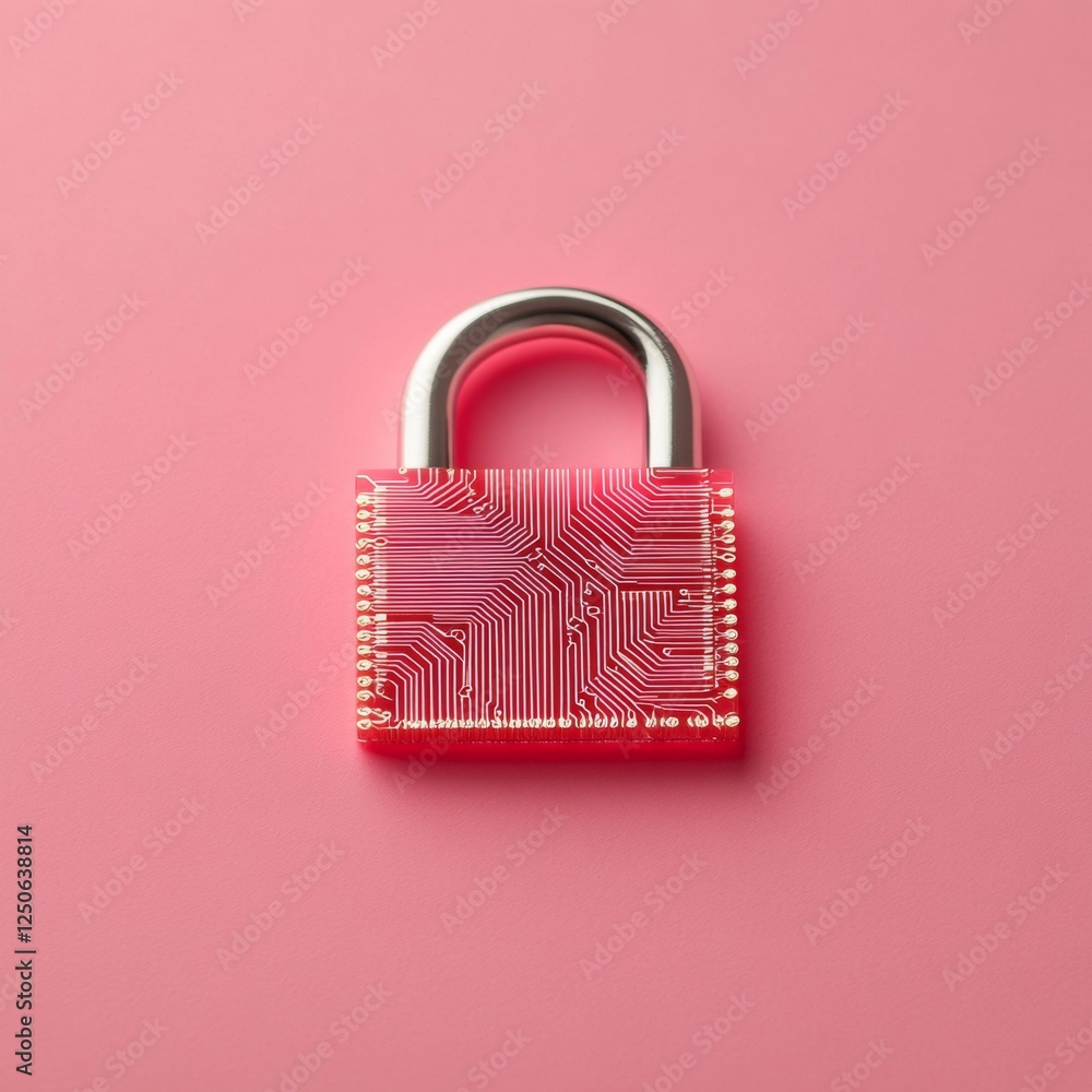 Poster Cybersecurity Tech Visual Digital Circuit-Patterned Padlock on Pink Background - Modern Online Protection Design and Branding for Business Security Solutions