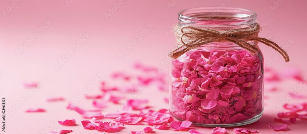 Poster Rose petals in a glass jar with twine on a soft pink background creating a serene and romantic atmosphere ideal for inviting text or designs
