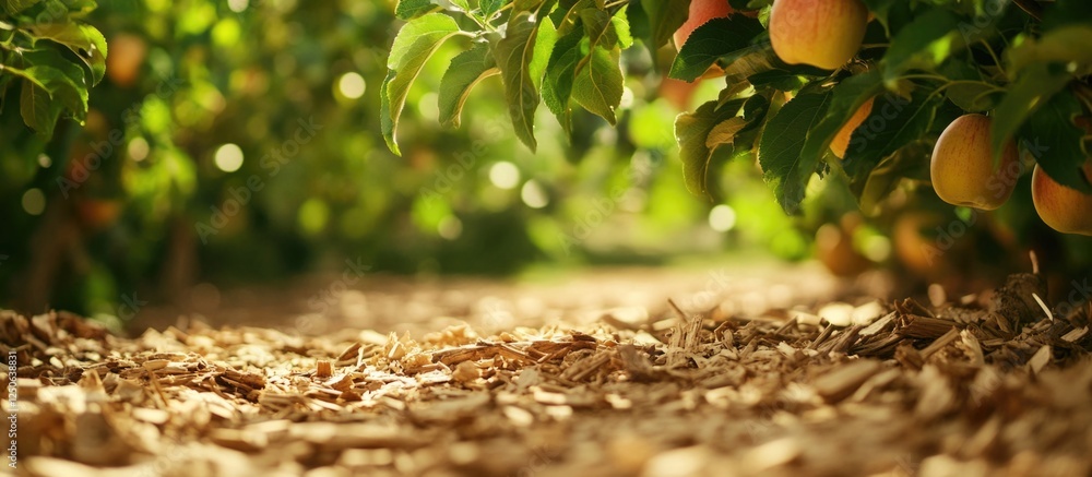Poster sawdust texture on orchard floor with apple trees and green foliage ideal for design and natural bac