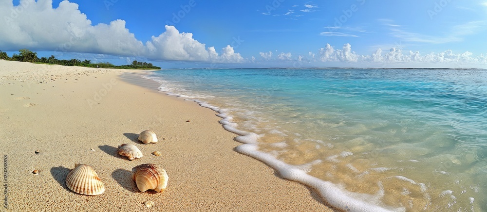 Aufkleber tranquil beach scene with gently lapping waves and seashells on golden sand under a bright blue sky 