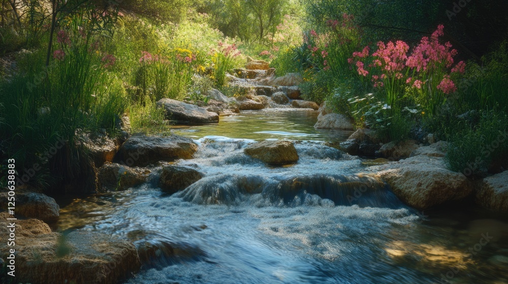 Poster tranquil sacred spring river surrounded by vibrant flora in a serene natural setting