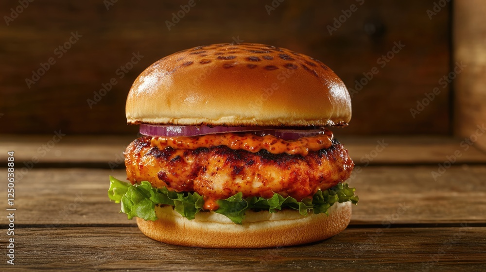 Poster sambal chicken burger with fresh vegetables on brioche bun set against rustic wooden background