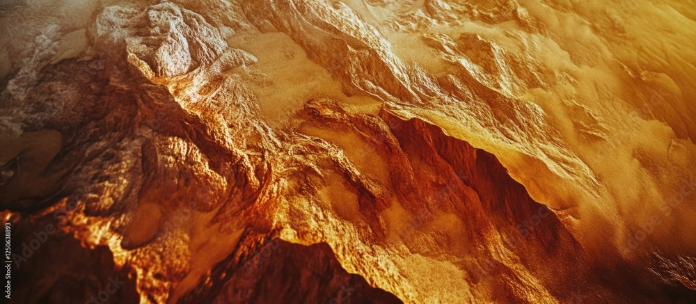 Poster stunning aerial view of red sandy surface and rocky terrain in mountainous landscape illuminated by 