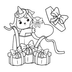 Valentine Day Coloring Page with cute unicorn
