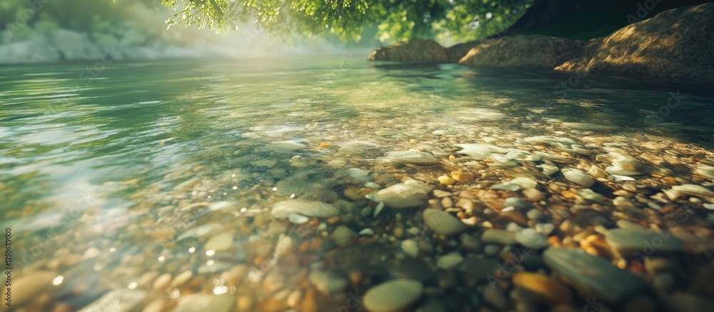 Poster serene riverbank scenery with shallow sandy bottom and pebbles illuminated by sunlight through lush 