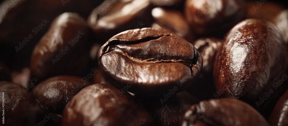 Poster Close-up texture of roasted coffee beans creating a rich and dark background for coffee-related themes and designs.