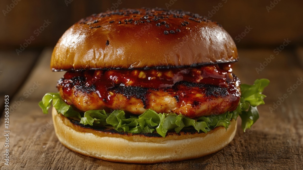 Poster sambal chicken burger with spicy sauce and fresh lettuce on brioche bun set against a rustic wooden 