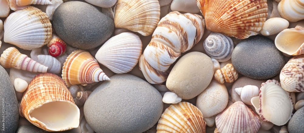 Poster Natural seashore stones and seashells background textured surface with various colors and shapes creating a coastal aesthetic.