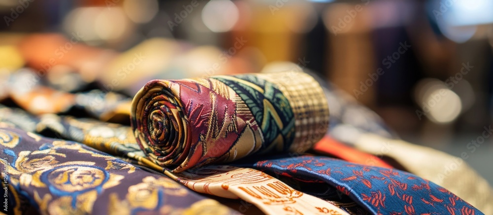Aufkleber rolled colorful tie displayed on top of assorted flat ironed ties in a store setting showcasing men'