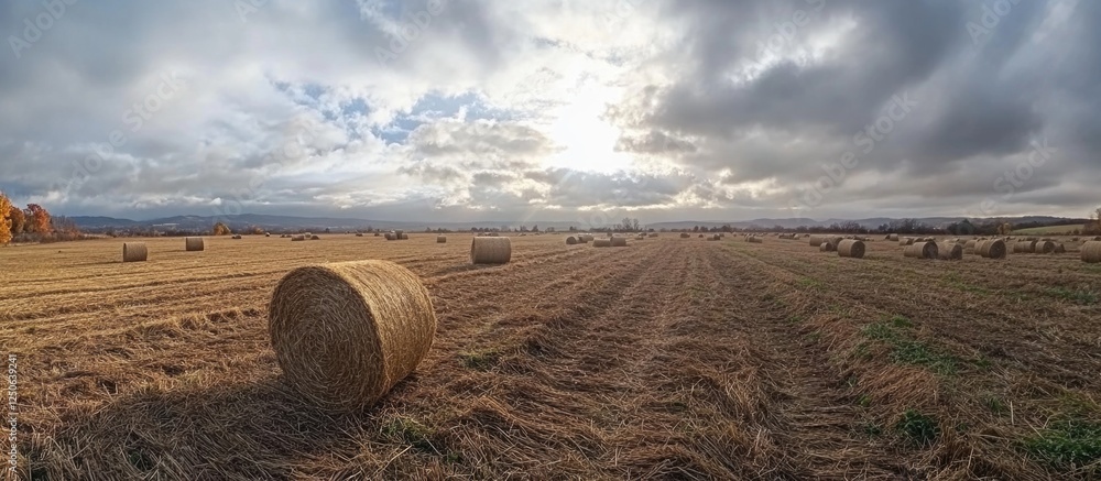 Poster rolls of dry straw in an agricultural field under a cloudy sky showcasing natural texture and autumn