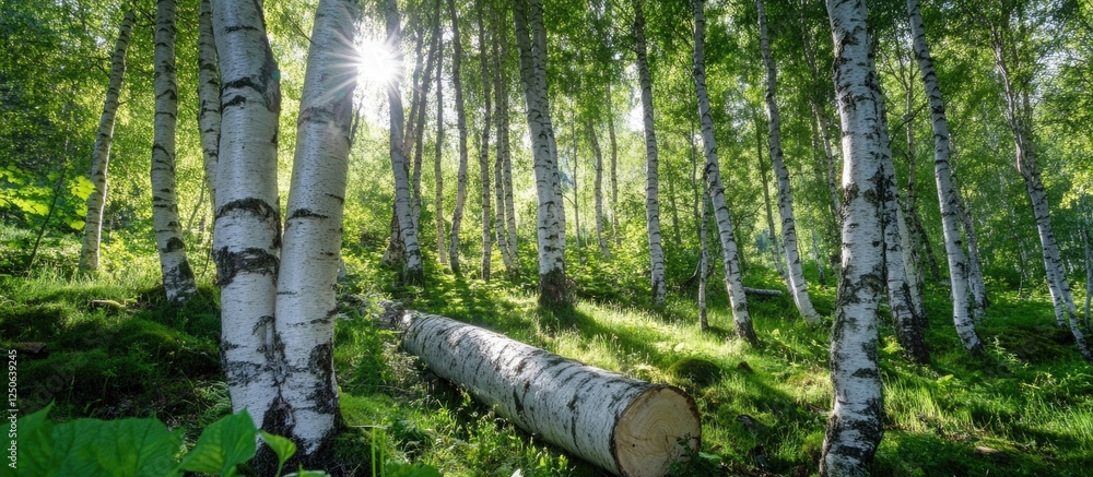 Aufkleber Sawn birch logs amidst lush greenery in a serene forest setting with sunlight filtering through the trees