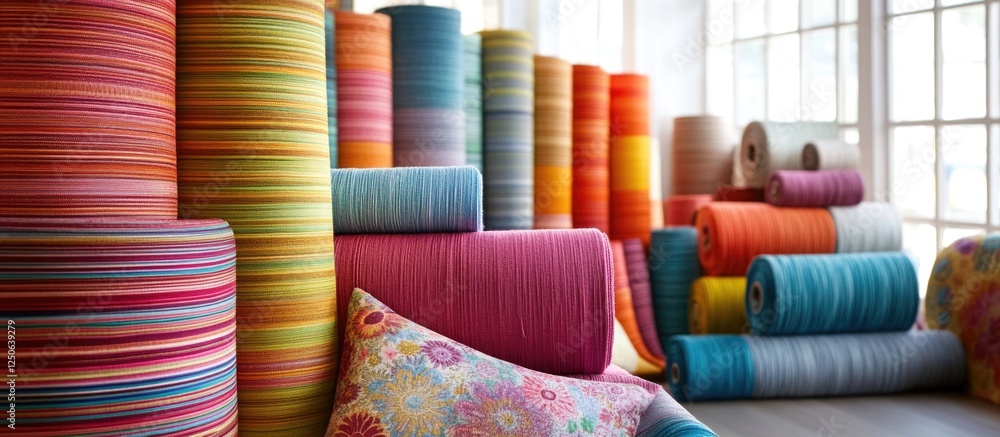 Aufkleber Colorful fabric rolls arranged in a vibrant display showcasing a variety of textures and patterns in a well-lit interior space.