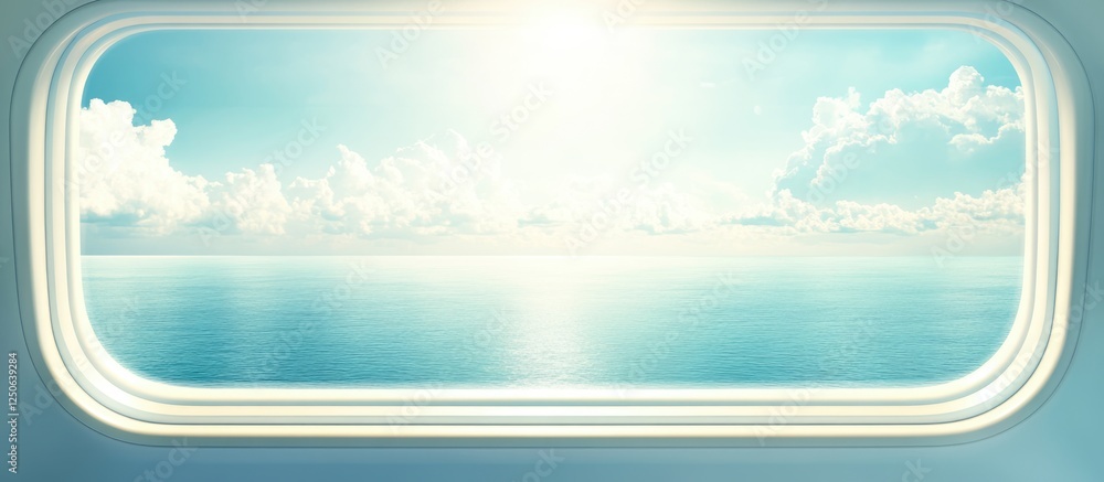 Poster Airplane window view of serene ocean and sky with sunlight casting reflections and space for text or captions