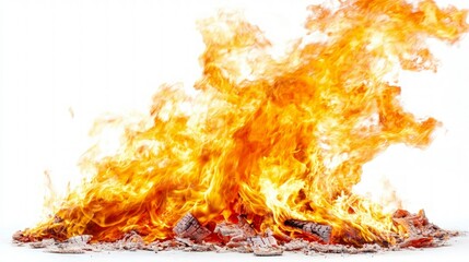 Obraz premium Fiery Orange and Yellow Flames Burning Bright Against White Background