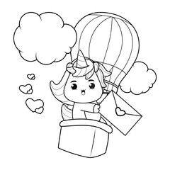 Valentine Day Coloring Page with cute unicorn