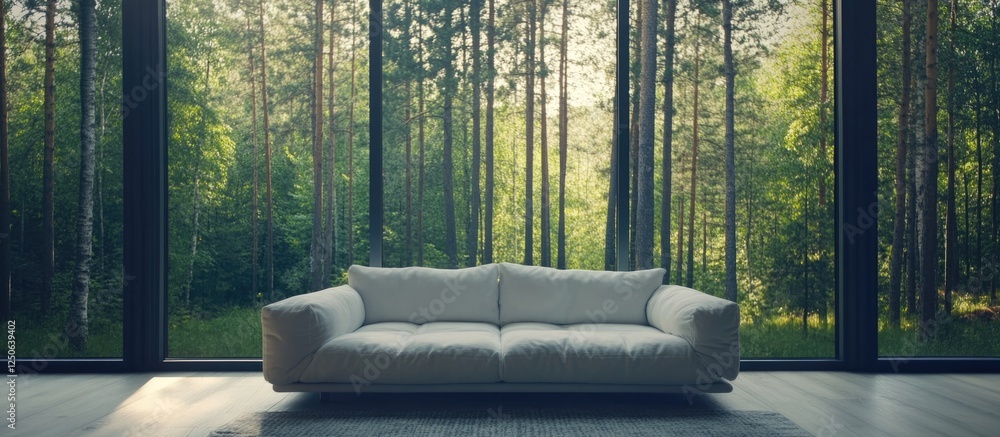 Poster scandinavian industrial living room featuring a modern white velvet sofa with a serene forest view a