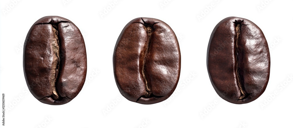 Aufkleber Roasted coffee beans isolated on white background arranged in three distinct positions showcasing texture and color.