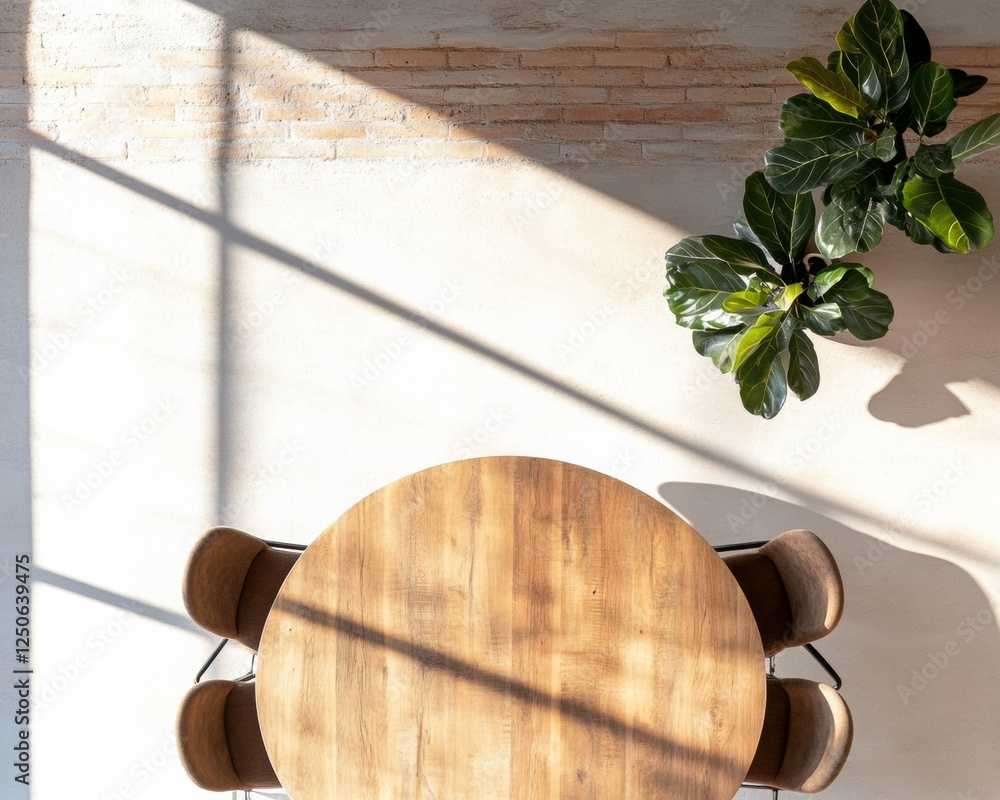 Poster scandinavian office design sunlit wooden oval table with modern seating and greenery elevating corpo