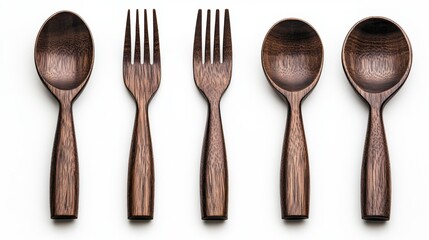 Brown Wooden Spoons and Forks on White Background for Table Setting