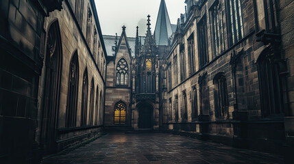 Dark Gothic Architecture in Abandoned Historic Building Court