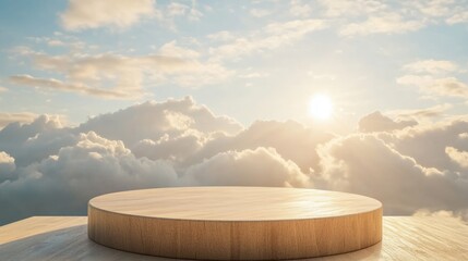 Wooden podium on pedestal with dramatic sky and sun at sunset perfect for presentations or product showcases in a serene environment