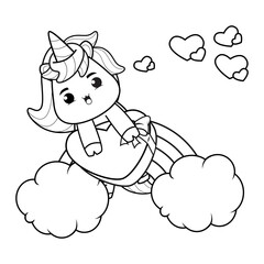 Naklejka premium Valentine Day Coloring Page with cute unicorn