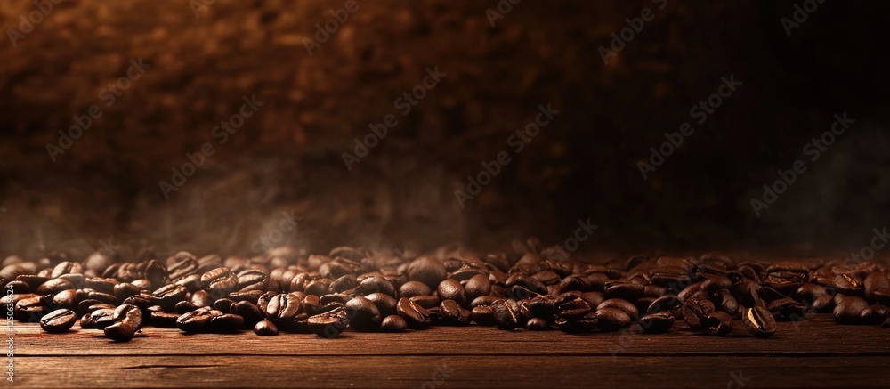 Poster aromatic roasted coffee beans spread on a rustic wooden surface with a warm, inviting background atm
