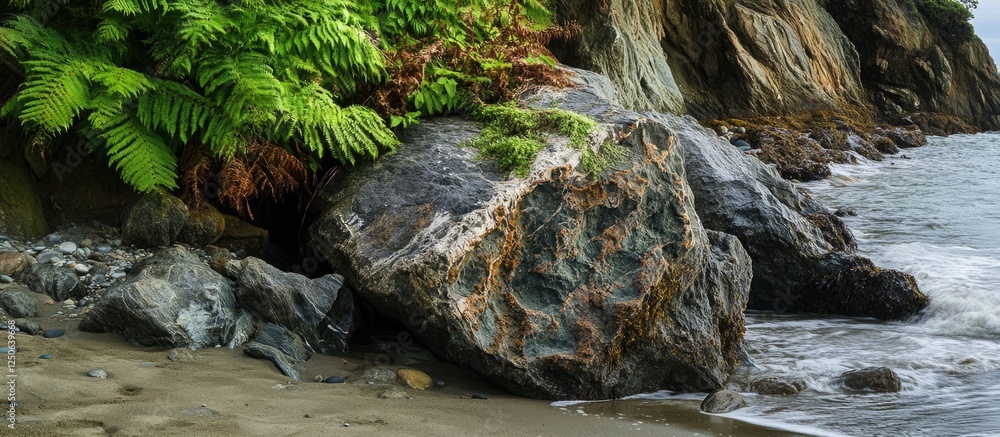 Poster natural rock formation adorned with lush greenery along a serene beach coastline showcasing textures