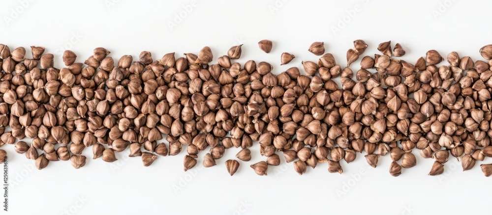 Aufkleber Roasted buckwheat grains arranged on a white background showcasing their texture and color in a top view perspective.