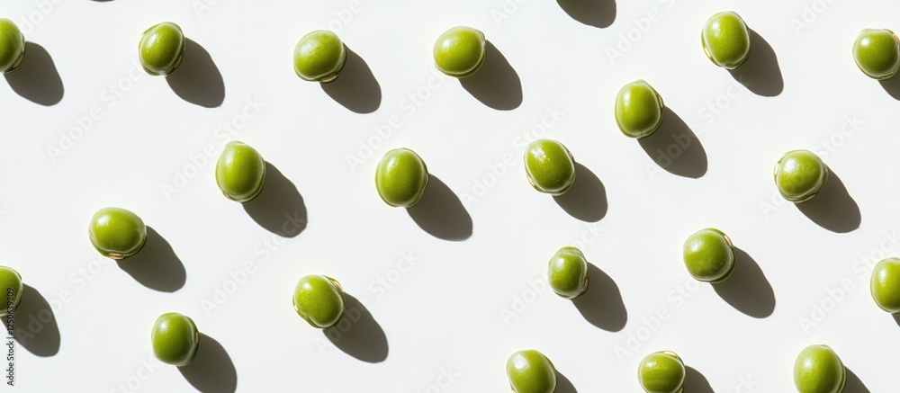 Poster green mung beans arranged artistically on a white background casting soft shadows in natural light.