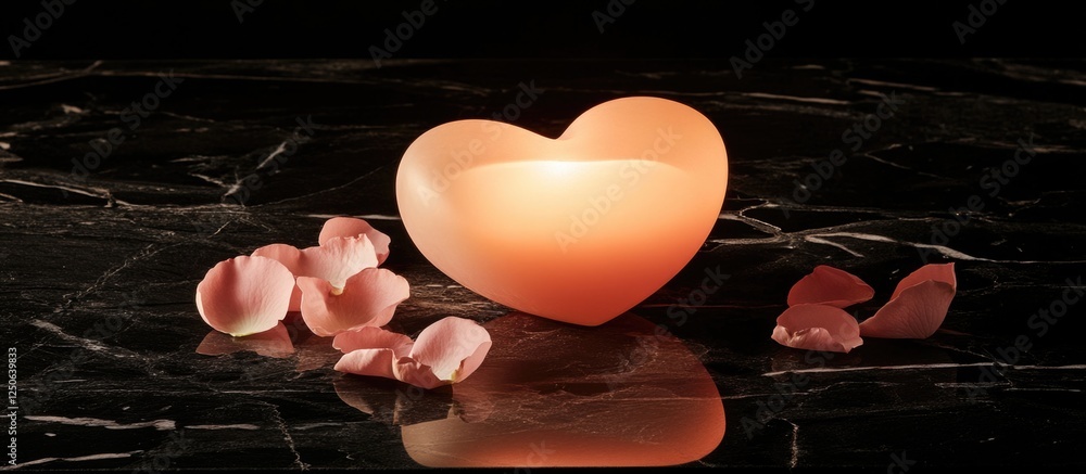 Poster heart-shaped candle surrounded by rose petals on a dark surface creating a romantic ambiance for spe