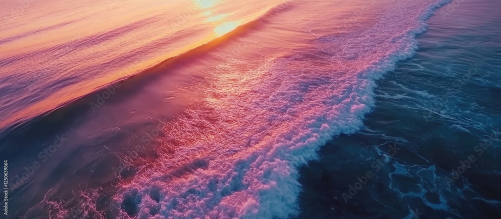 Poster ocean ripples at sunrise creating a vibrant colorful reflection over tranquil waters viewed from abo