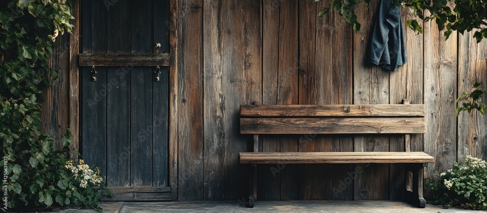 Aufkleber Rustic home entrance with wooden bench and coat hooks surrounded by greenery creating an inviting and serene atmosphere for text placement