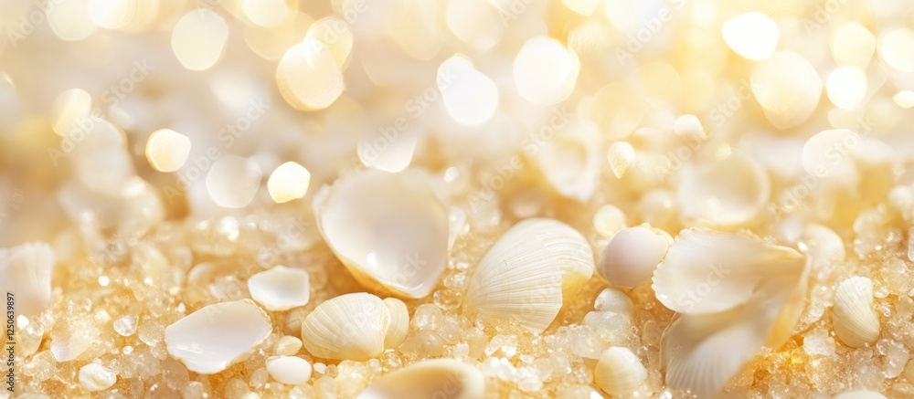 Poster Beach sand texture with seashells illuminated by soft sunlight creating a warm and inviting coastal atmosphere
