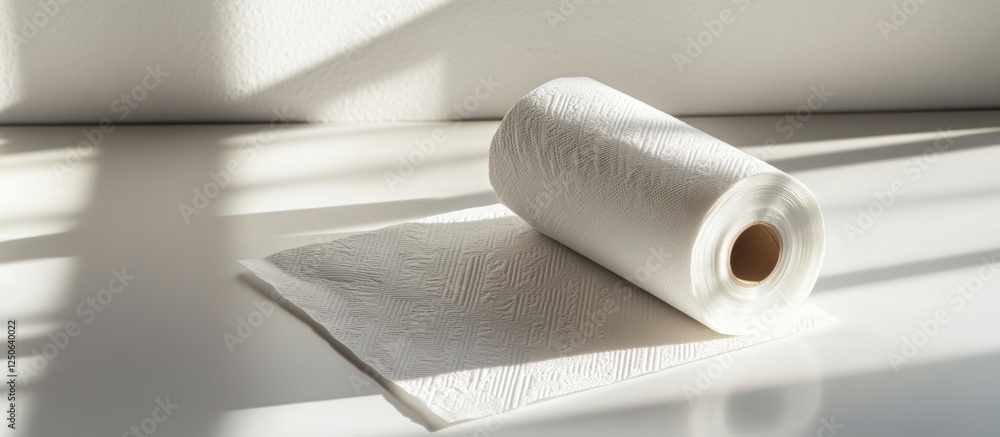 Poster Roll of paper towels placed on a clean surface with soft natural light and shadow creating a minimalist and fresh ambiance.