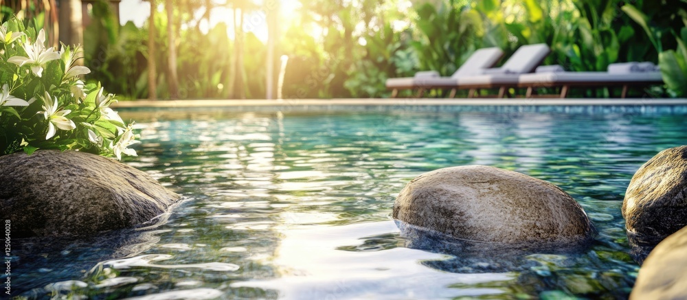 Aufkleber serene swimming pool with clear water ripples surrounded by lush greenery and stones illuminated by 