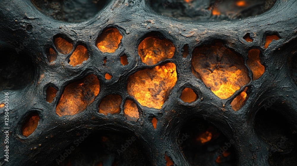 Poster Abstract texture of scorched orange formations with dark, thorny structures and glowing warm hues creating a striking visual contrast.