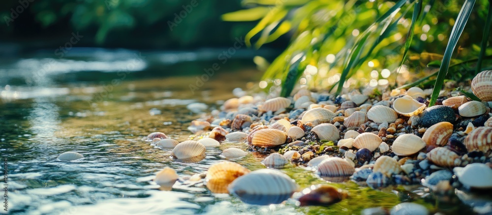 Poster seashells lying on the shoreline by a calm river surrounded by greenery and sunlight