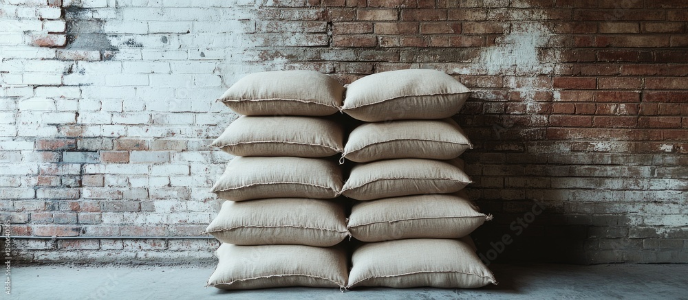 Aufkleber stacked sandbags against a textured brick wall in a rustic setting showcasing industrial aesthetics 