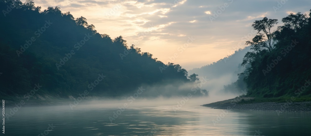 Aufkleber foggy river landscape at dusk with misty waters and lush greenery creating a serene evening atmosphe