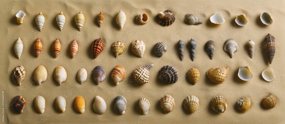 Poster Assorted colorful sea shells arranged on a neutral background, showcasing diverse textures and shapes ideal for marine-themed design projects.