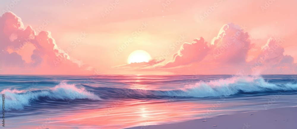 Poster serene sunset view over a peaceful beach with soft glowing waves and a tranquil atmosphere perfect f
