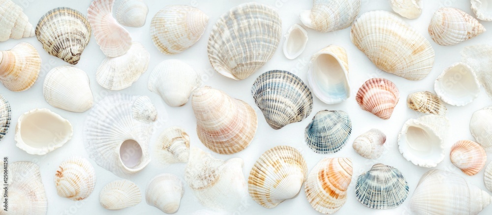 Poster Seashells collection on white background showcasing ocean textures in a flat lay top view design for marine themed projects.