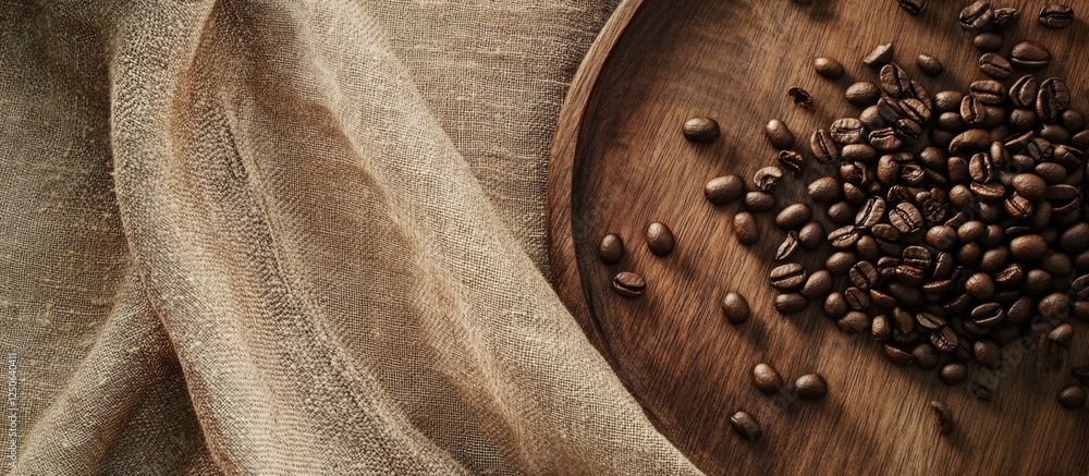 Poster rustic coffee composition with roasted beans and natural hemp fabric on a wooden surface creating a 
