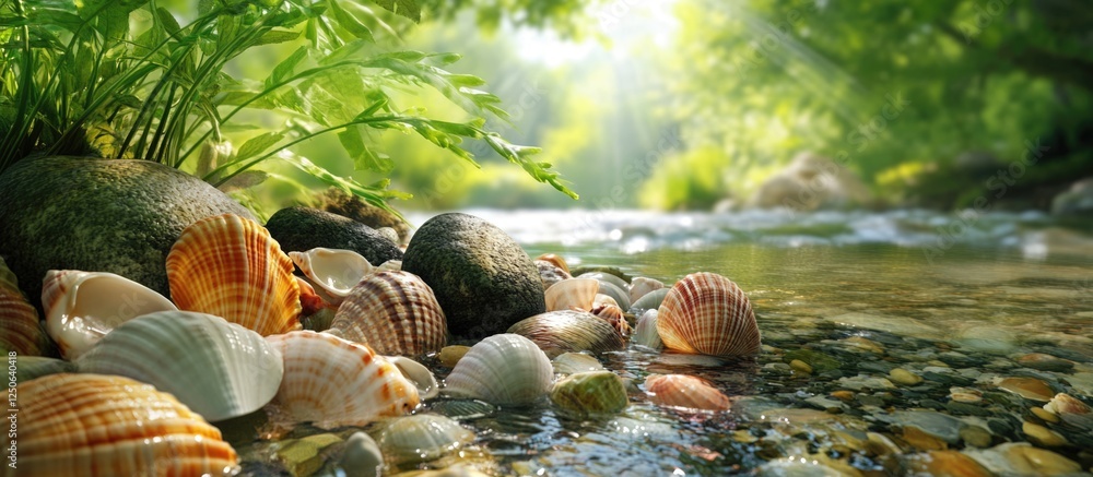 Poster Shells Lying in a Serene Riverbank Surrounded by Lush Greenery and Soft Sunlight Filtering Through the Trees